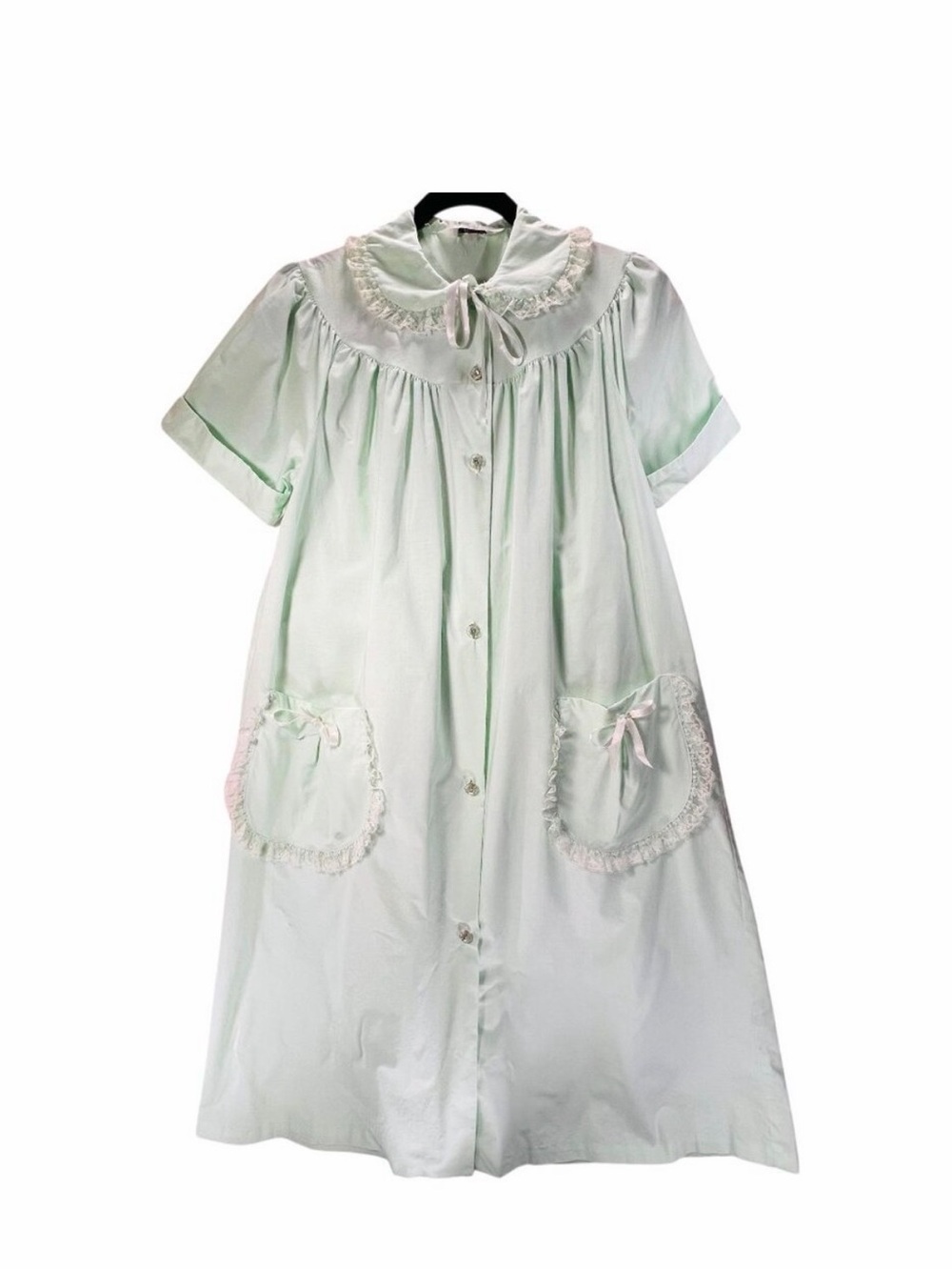Vintage Lisanne Mint Green Button Down Cotton Housecoat Robe/Lace Detail/Pockets